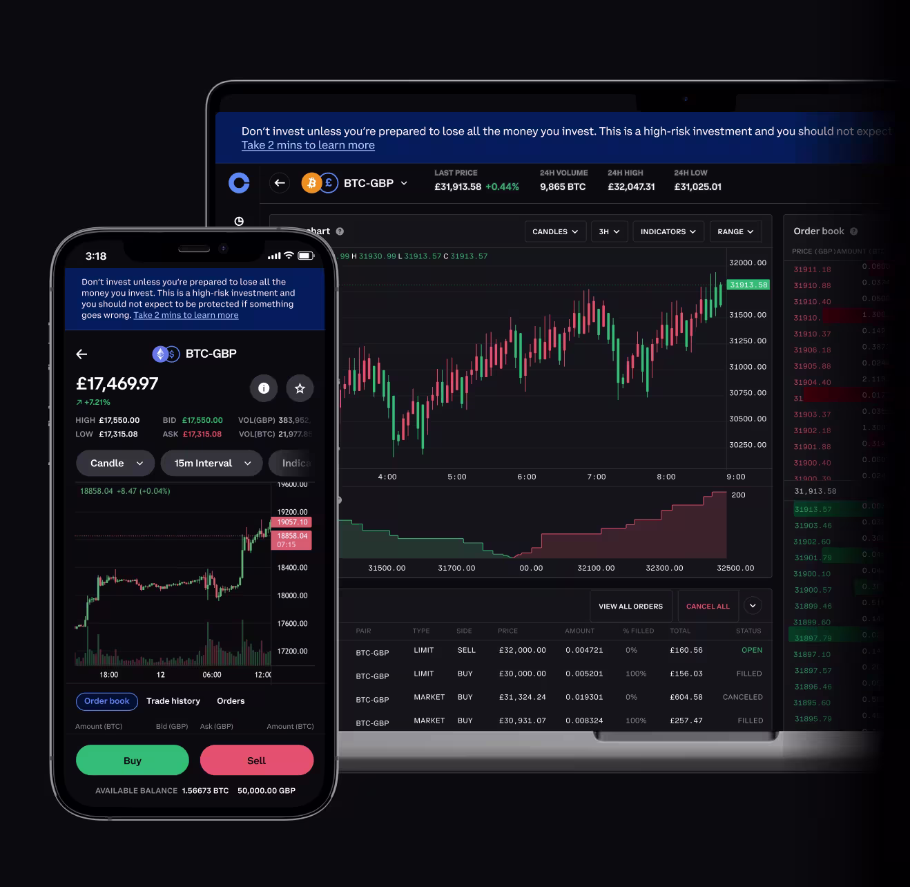 A phone and computer screen, both open to the GB Advanced Trade homepage